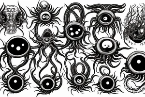 "Hermaeus Mora" 
huge black mass  in the middle with a lot of tentacles with eyeballs from middle to out and a lot of randomly placed eyeballs 

horizontally symmetric 
with necronormicon tattoo idea