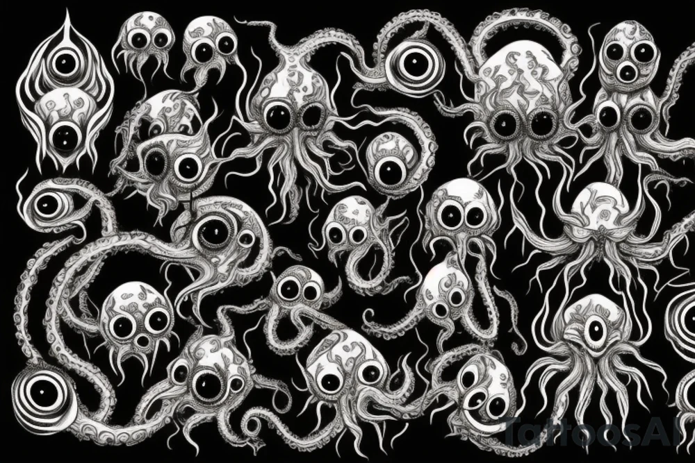 "Hermaeus Mora" 
huge black mass  in the middle with a lot of tentacles with eyeballs from middle to out and a lot of randomly placed eyeballs 

horizontally symmetric 
with necronormicon tattoo idea