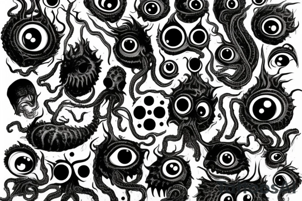 "Hermaeus Mora" 
huge black mass  in the middle with a lot of tentacles with eyeballs from middle to out and a lot of randomly placed eyeballs 

horizontally symmetric 
with necronormicon tattoo idea