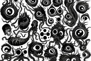 "Hermaeus Mora" 
huge black mass  in the middle with a lot of tentacles with eyeballs from middle to out and a lot of randomly placed eyeballs 

horizontally symmetric 
with necronormicon tattoo idea