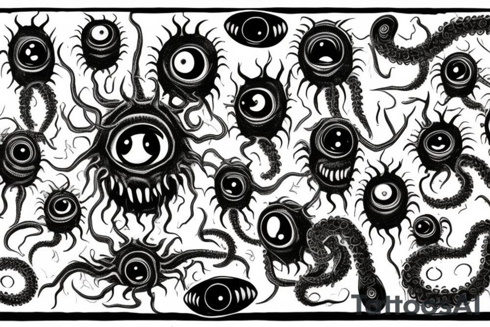 "Hermaeus Mora" 
huge black mass  in the middle with a lot of tentacles with eyeballs from middle to out and a lot of randomly placed eyeballs 

horizontally symmetric 
with necronormicon tattoo idea