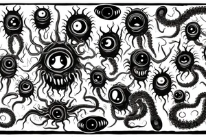 "Hermaeus Mora" 
huge black mass  in the middle with a lot of tentacles with eyeballs from middle to out and a lot of randomly placed eyeballs 

horizontally symmetric 
with necronormicon tattoo idea