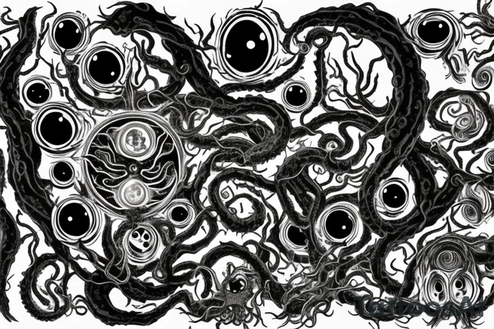 "Hermaeus Mora" 
huge black mass  in the middle with a lot of tentacles with eyeballs from middle to out and a lot of randomly placed eyeballs 

horizontally symmetric 
with necronormicon tattoo idea