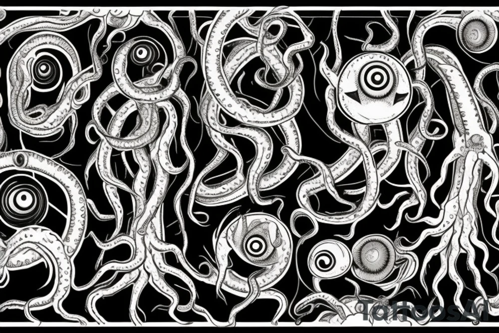 "Hermaeus Mora" 
huge black mass  in the middle with a lot of tentacles with eyeballs from middle to out and a lot of randomly placed eyeballs 

horizontally symmetric 
with necronormicon tattoo idea