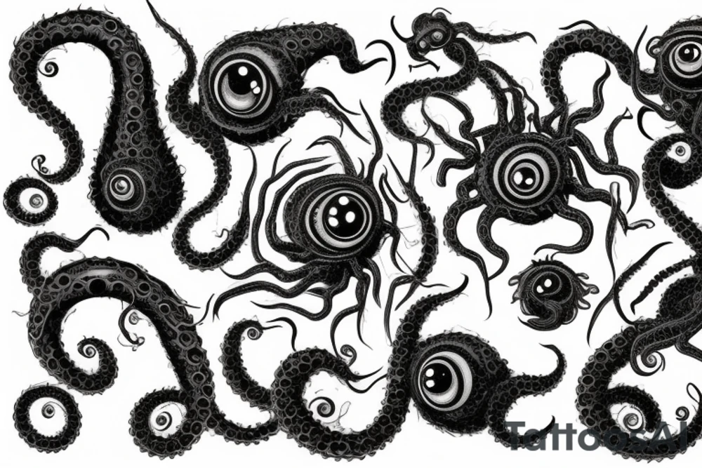 "Hermaeus Mora" 
huge black mass  in the middle with a lot of tentacles with eyeballs from middle to out and a lot of randomly placed eyeballs 

horizontally symmetric 
with necronormicon tattoo idea