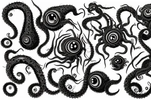 "Hermaeus Mora" 
huge black mass  in the middle with a lot of tentacles with eyeballs from middle to out and a lot of randomly placed eyeballs 

horizontally symmetric 
with necronormicon tattoo idea