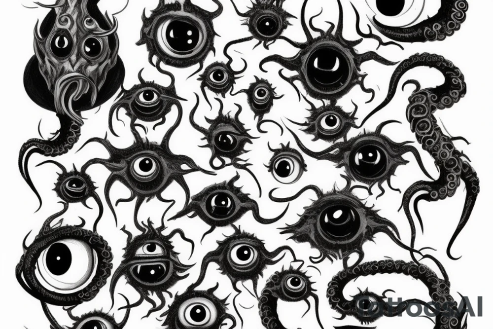 "Hermaeus Mora" 
huge black mass  in the middle with a lot of tentacles with eyeballs from middle to out and a lot of randomly placed eyeballs 

horizontally symmetric 
with necronormicon tattoo idea