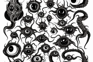 "Hermaeus Mora" 
huge black mass  in the middle with a lot of tentacles with eyeballs from middle to out and a lot of randomly placed eyeballs 

horizontally symmetric 
with necronormicon tattoo idea