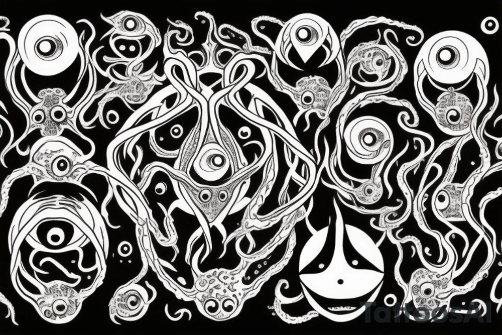 "Hermaeus Mora" 
huge black mass  in the middle with a lot of tentacles with eyeballs from middle to out and a lot of randomly placed eyeballs 

horizontally symmetric 
with necronormicon tattoo idea