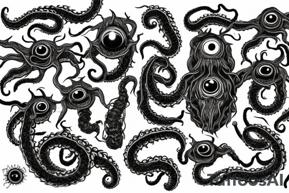 "Hermaeus Mora" 
huge black mass  in the middle with a lot of tentacles with eyeballs from middle to out and a lot of randomly placed eyeballs 

horizontally symmetric 
with necronormicon tattoo idea