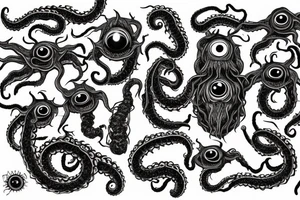 "Hermaeus Mora" 
huge black mass  in the middle with a lot of tentacles with eyeballs from middle to out and a lot of randomly placed eyeballs 

horizontally symmetric 
with necronormicon tattoo idea