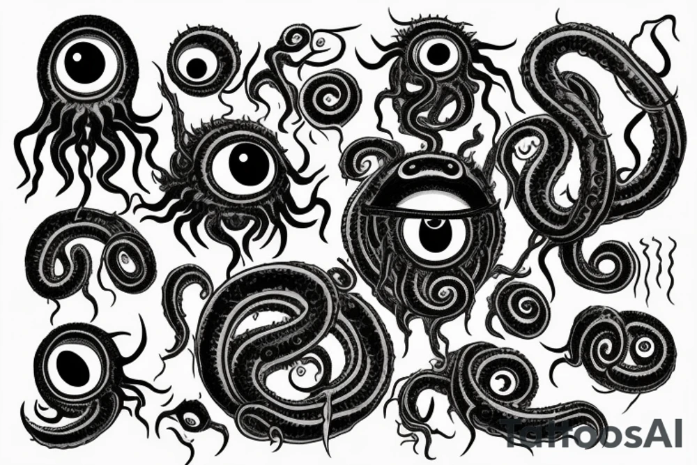 "Hermaeus Mora" 
huge black mass  in the middle with a lot of tentacles with eyeballs from middle to out and a lot of randomly placed eyeballs 

horizontally symmetric 
with necronormicon tattoo idea