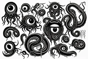 "Hermaeus Mora" 
huge black mass  in the middle with a lot of tentacles with eyeballs from middle to out and a lot of randomly placed eyeballs 

horizontally symmetric 
with necronormicon tattoo idea