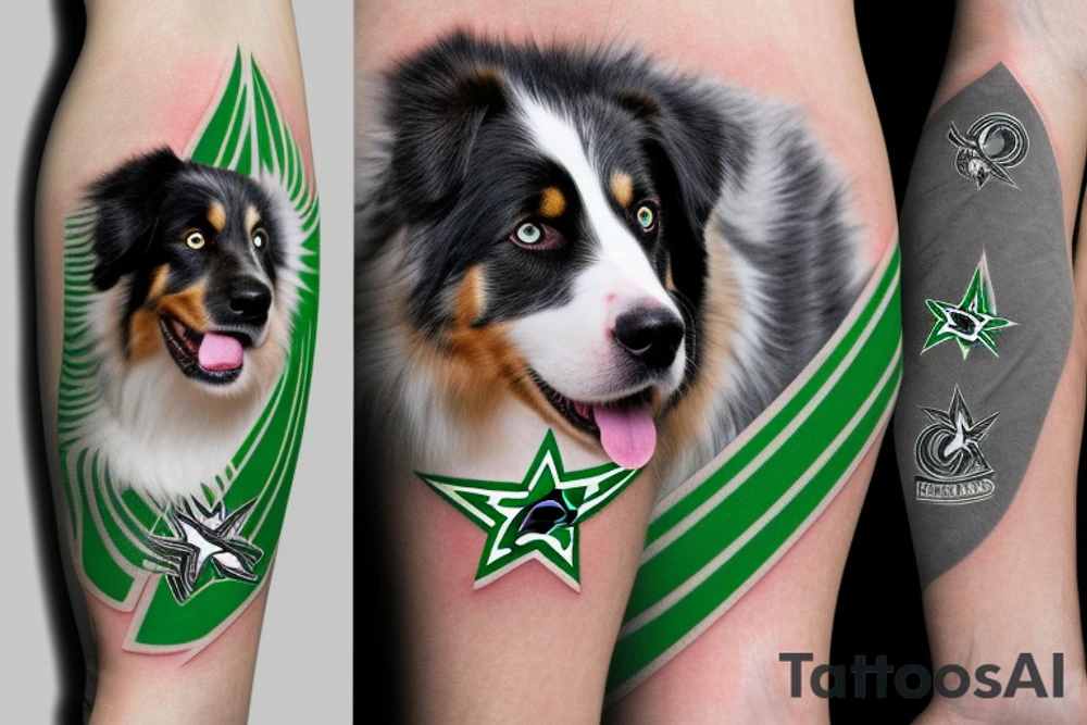 Australian shepherd wearing a dallas stars jersey tattoo idea