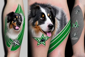 Australian shepherd wearing a dallas stars jersey tattoo idea