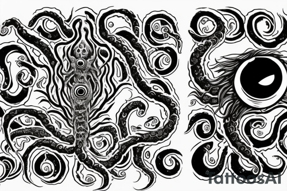 "Hermaeus Mora" 
huge black mass  in the middle with a lot of tentacles with eyeballs from middle to out and a lot of randomly placed eyeballs 

horizontally symmetric 
with necronormicon
with black moon on the top tattoo idea