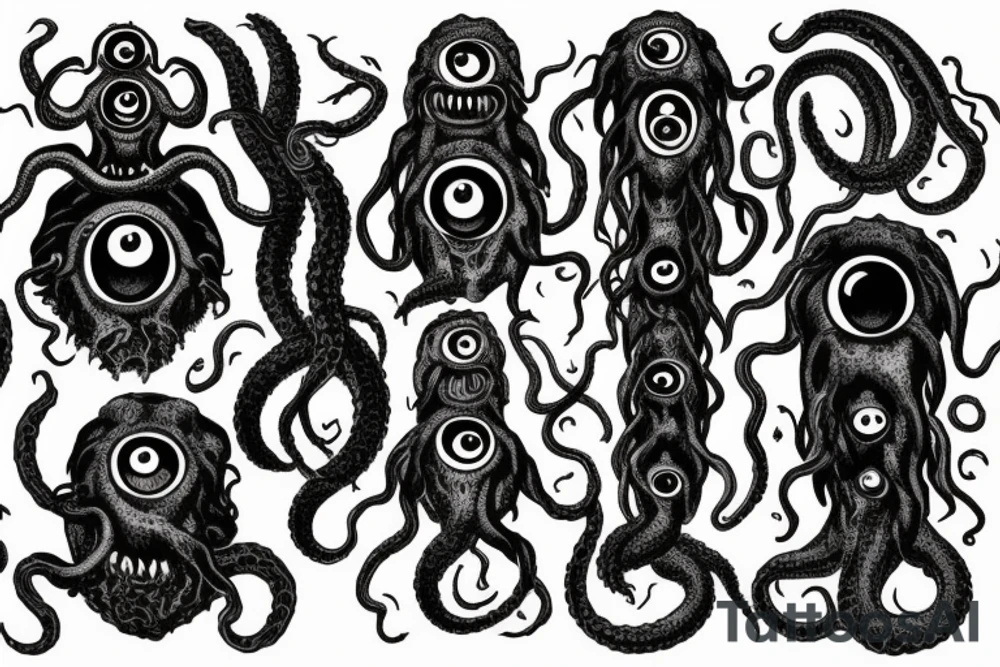 "Hermaeus Mora" 
huge black mass  in the middle with a lot of tentacles with eyeballs from middle to out and a lot of randomly placed eyeballs 

horizontally symmetric 
with necronormicon
with black moon on the top tattoo idea