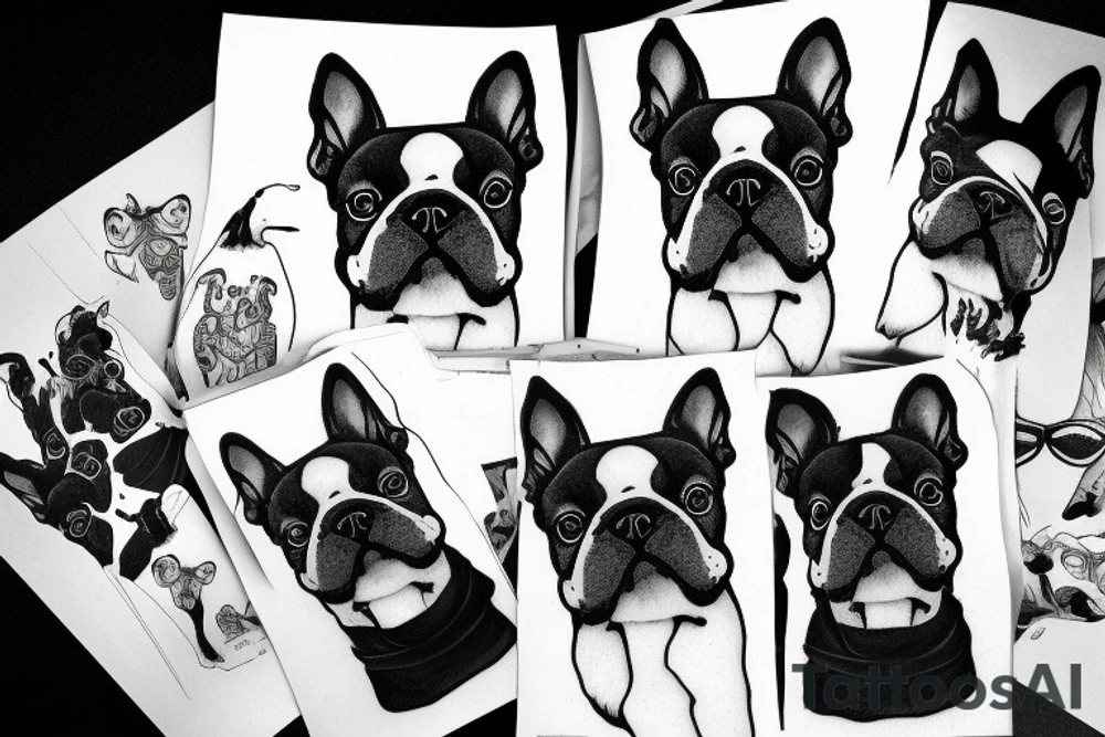 Boston terrier dog eats nuddles tattoo idea