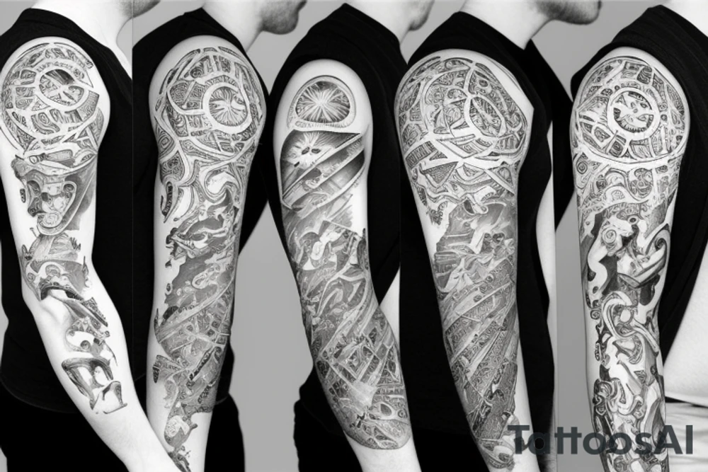 sleeve depicting the beginning of time to modern time tattoo idea