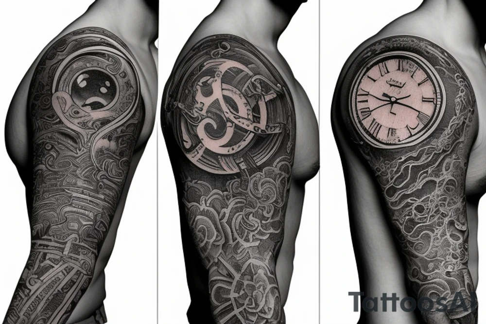 sleeve depicting the beginning of time to modern time tattoo idea