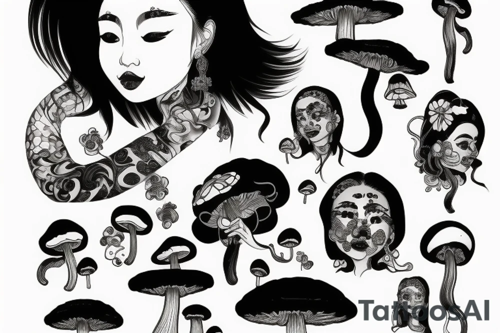chinese woman with mushrooms from face tattoo idea