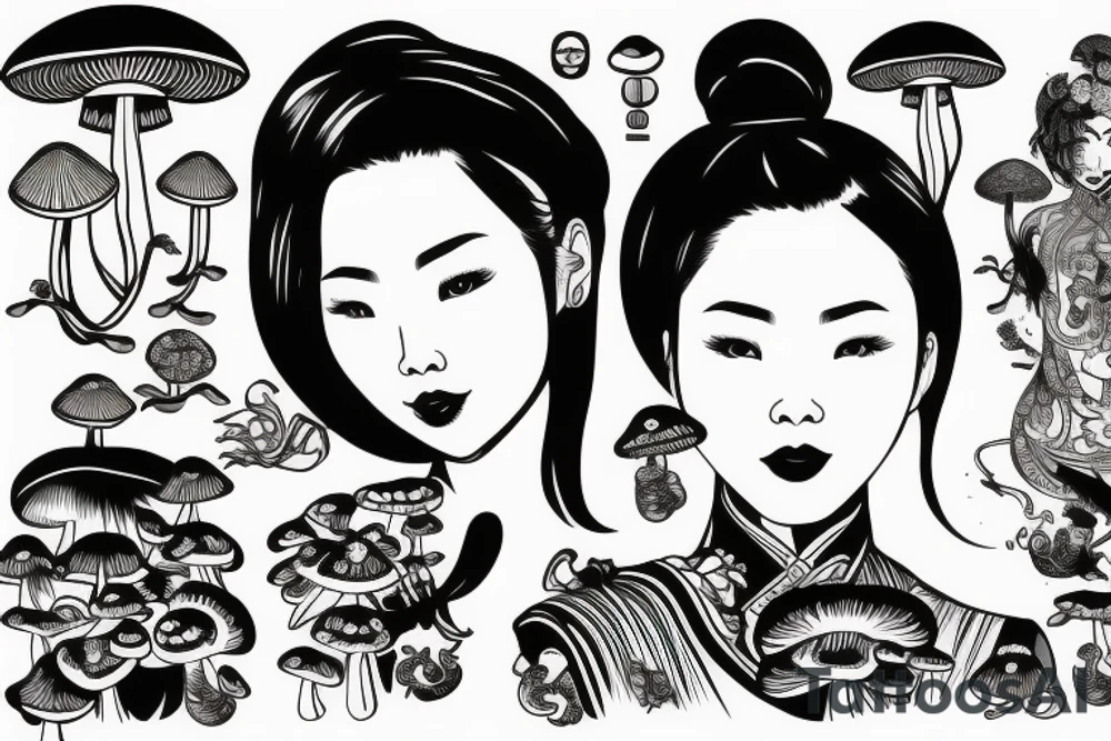 chinese woman with mushrooms from face tattoo idea