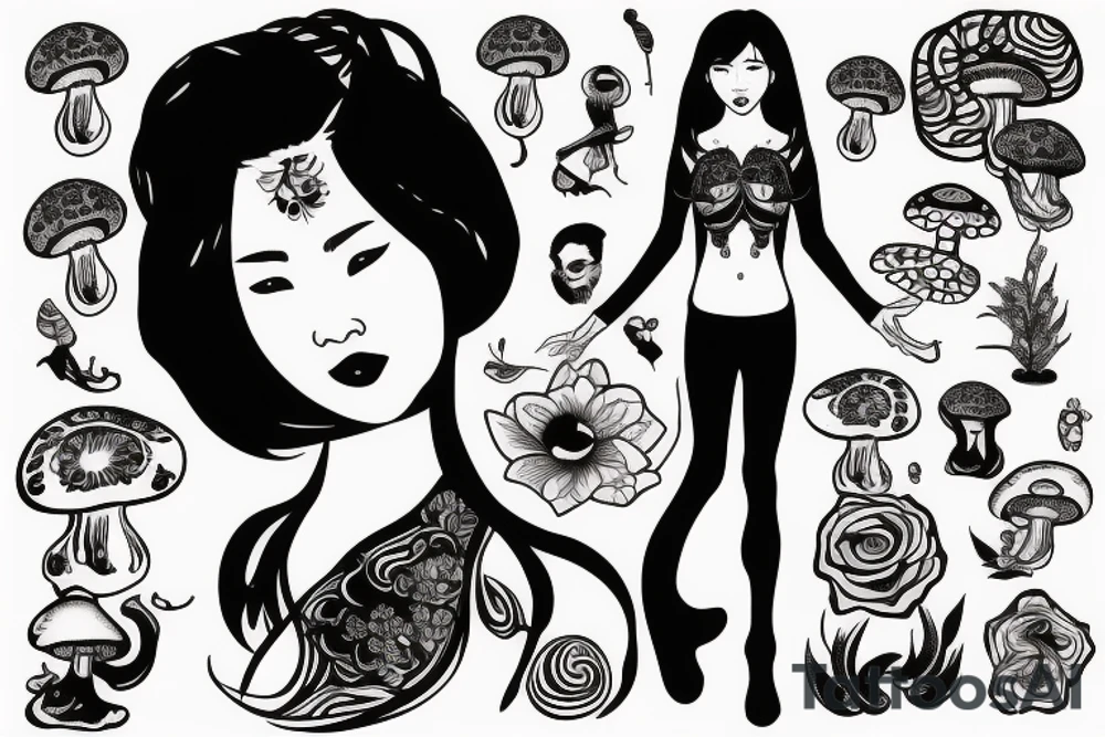 chinese woman with mushrooms from face tattoo idea