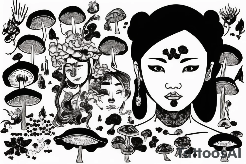 chinese woman with mushrooms from face tattoo idea