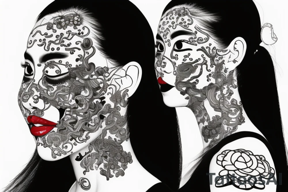 chinese woman with mushrooms growing  from face tattoo idea