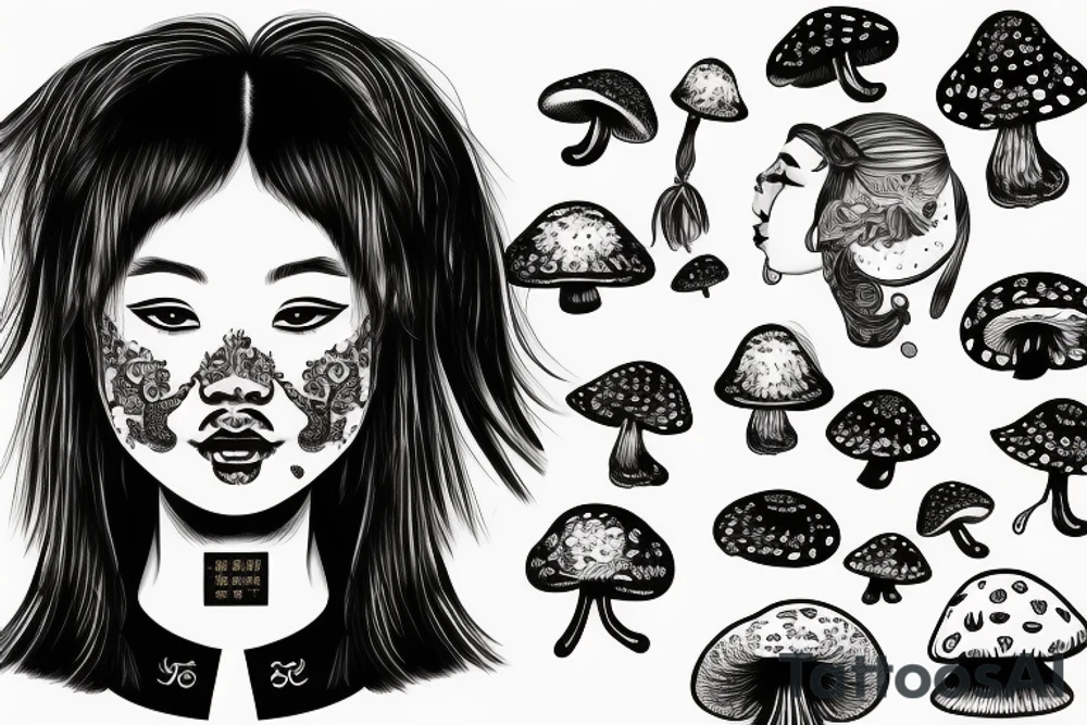 chinese woman with mushrooms growing  from face tattoo idea