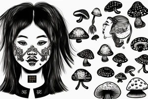 chinese woman with mushrooms growing  from face tattoo idea