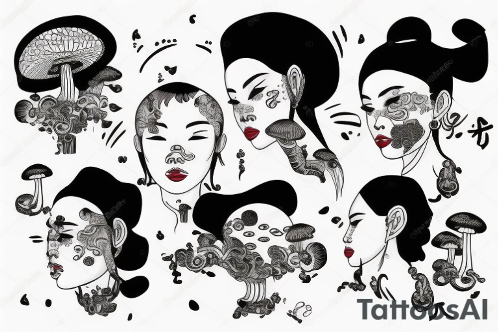 chinese woman with mushrooms growing  from face tattoo idea