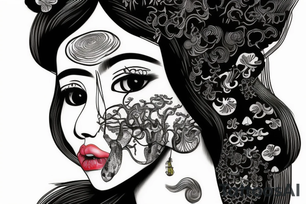 chinese woman with mushrooms growing  from face tattoo idea