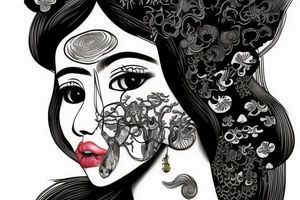 chinese woman with mushrooms growing  from face tattoo idea