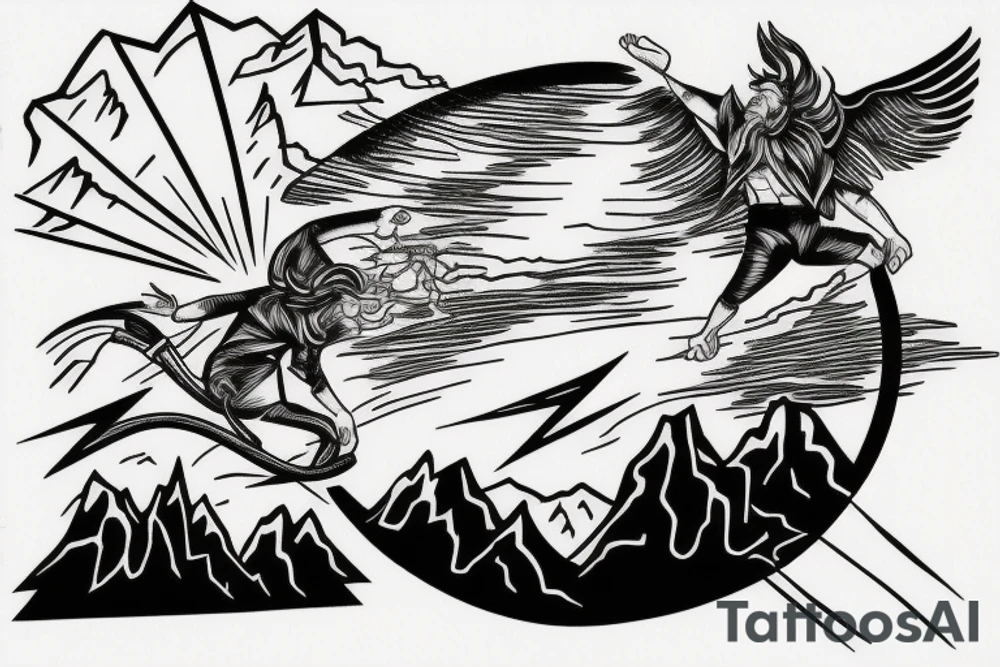 man catching lightning on the top of the mountain tattoo idea