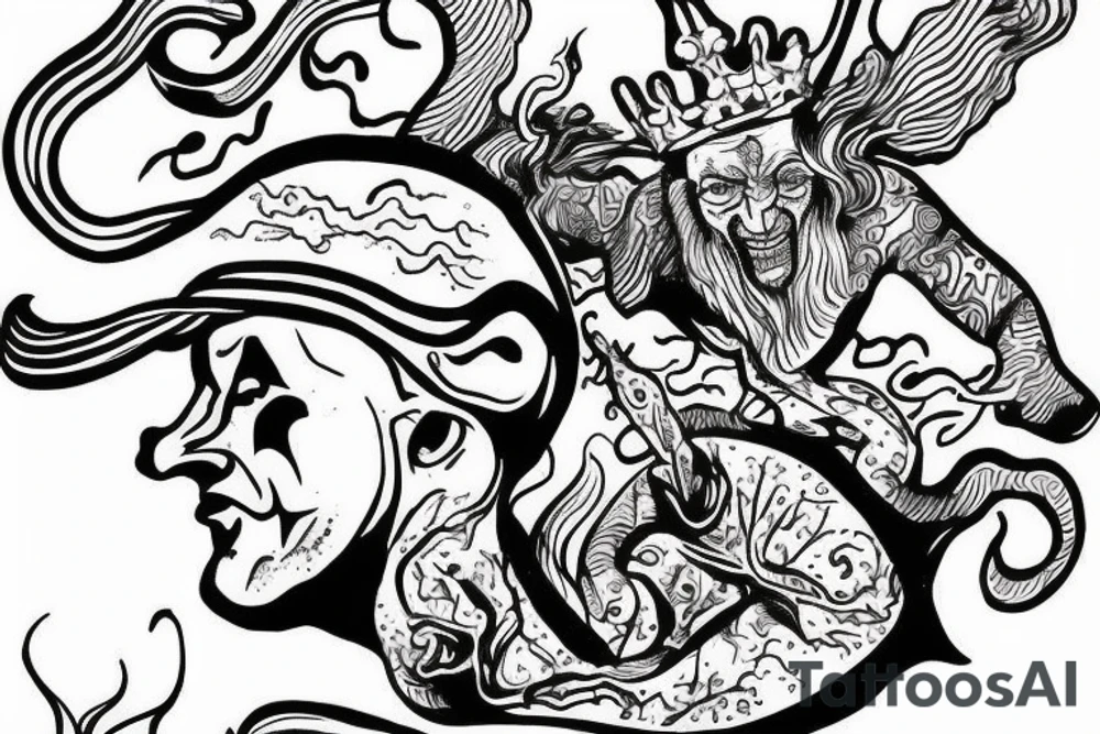 king and jester catching lightning on the mountain tattoo idea