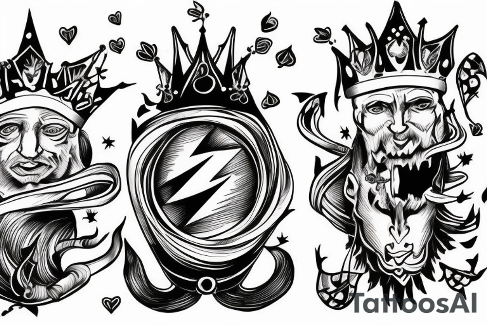 king and jester catching lightning on the top of the mountain tattoo idea