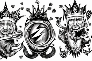 king and jester catching lightning on the top of the mountain tattoo idea