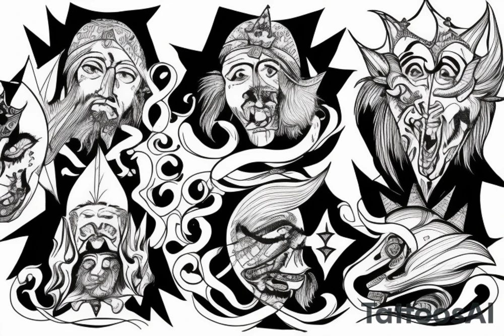 king and jester catching lightning on the top of the mountain tattoo idea