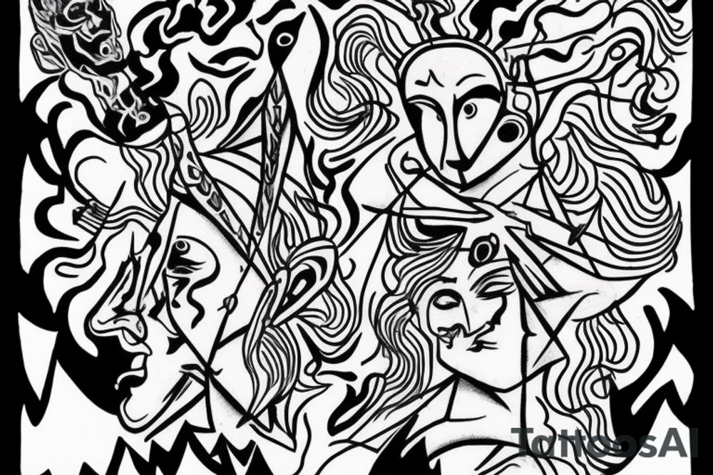 king and jester catching lightning on the top of the mountain tattoo idea