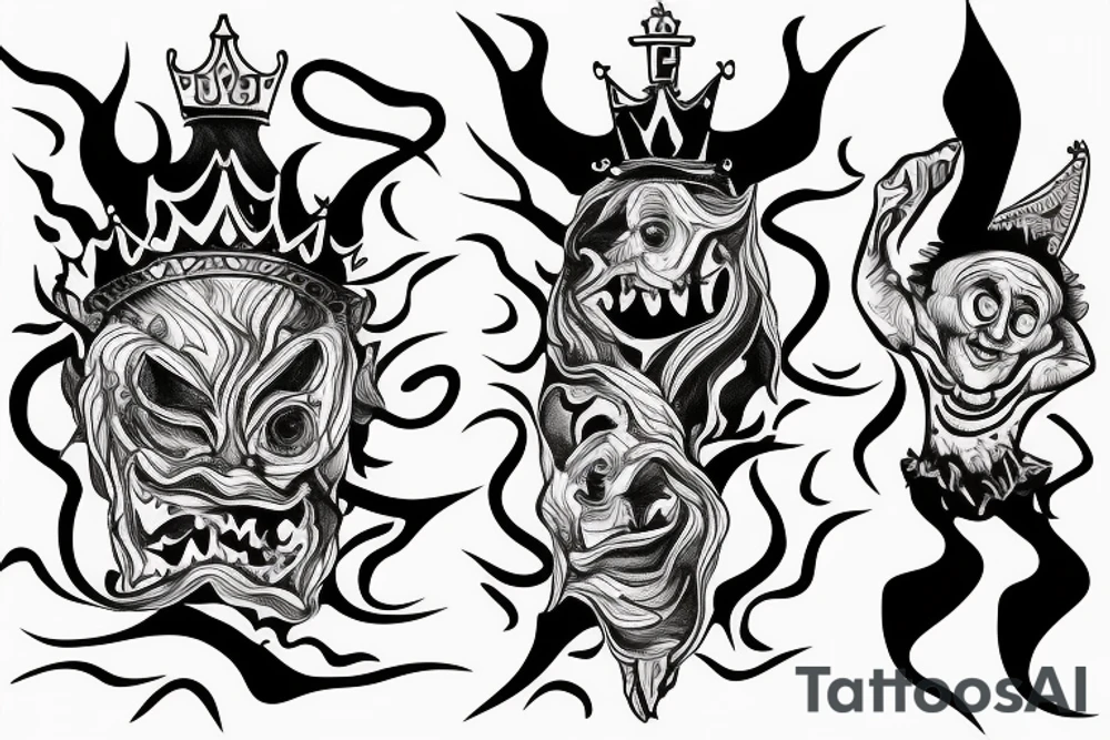 king and jester catching lightning on the top of the mountain tattoo idea