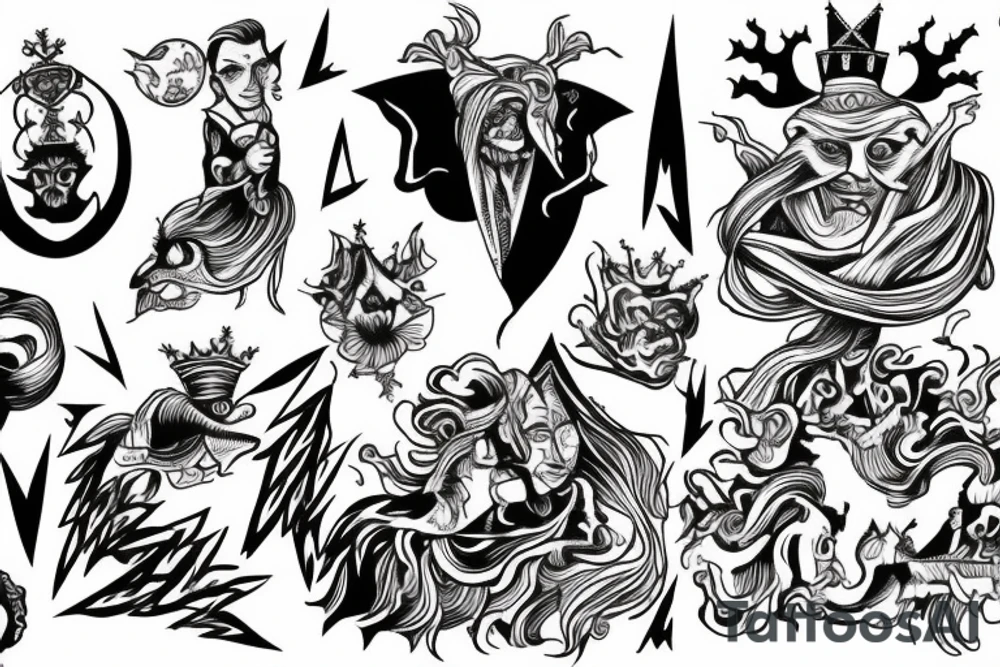 king and jester catching lightning on the top of the mountain tattoo idea