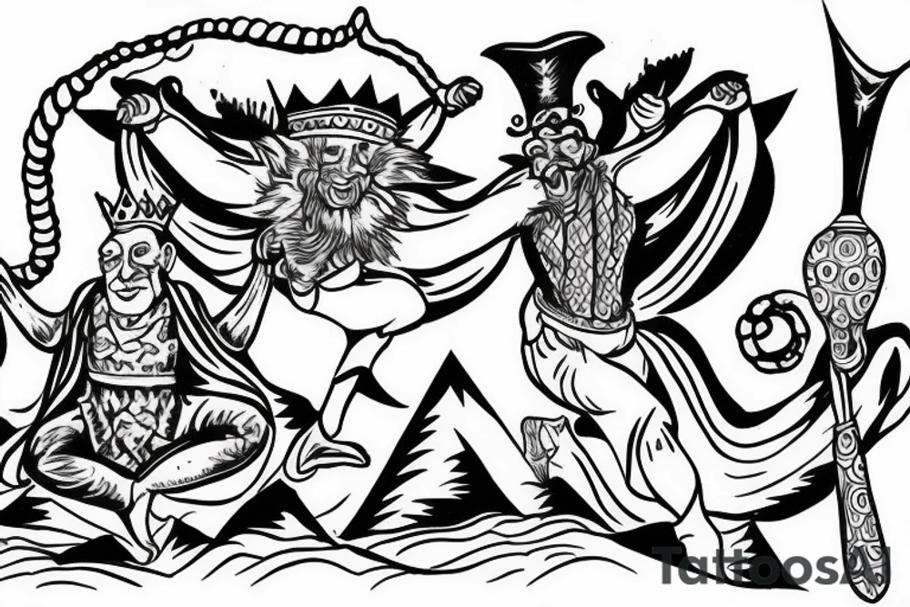 king and jester catching lightning on the top of the mountain tattoo idea