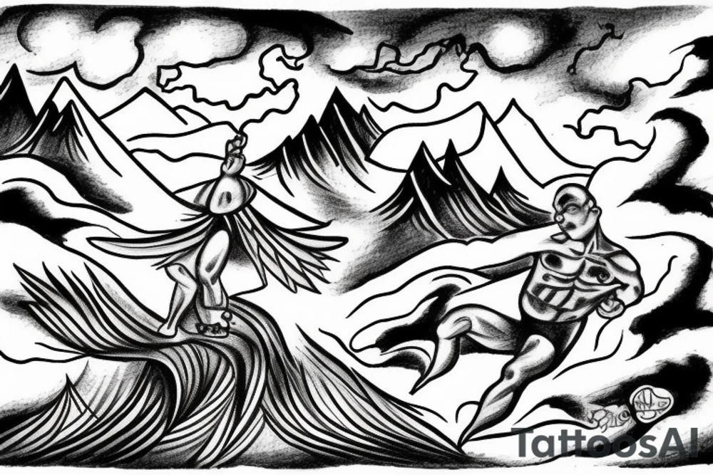 man catching lightning on the top of the mountain tattoo idea