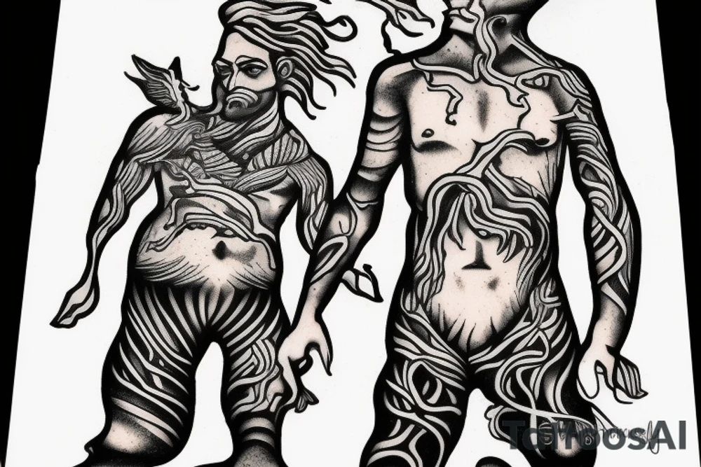 man with lightning in hand on the top of the mountain tattoo idea