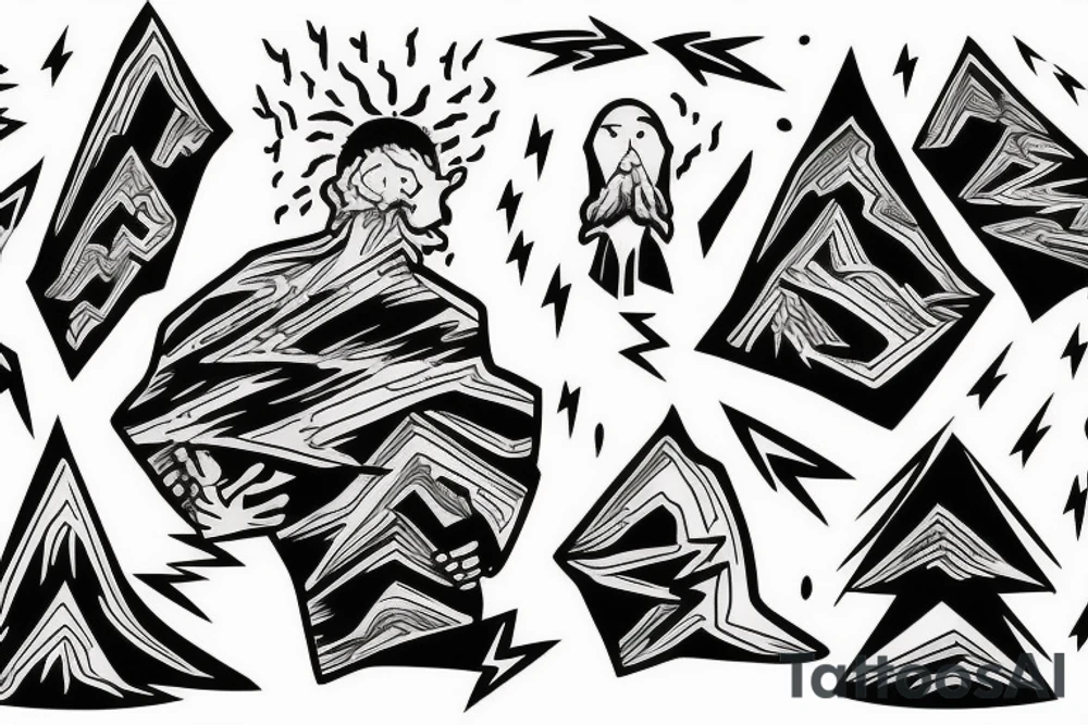 man with lightning in hand on the top of the mountain tattoo idea