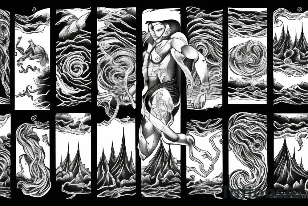man with lightning in hand on the top of the mountain tattoo idea