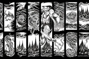 man with lightning in hand on the top of the mountain tattoo idea