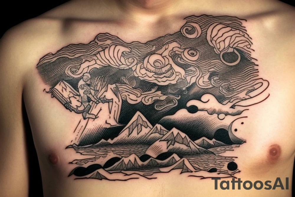 man with lightning in hand on the top of the mountain tattoo idea