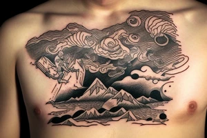 man with lightning in hand on the top of the mountain tattoo idea